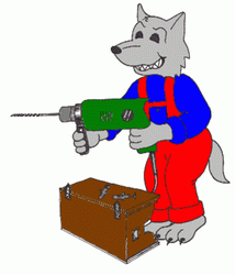 Zeichnung: ein Hauswolf mit Bohrmaschine