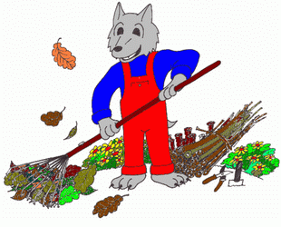 Zeichnung: ein Hauswolf beim Laubrechen